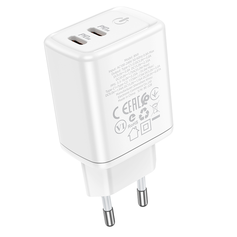 Borofone BN9 Reacher hálózati töltő adapter 2xType C QC 3.0 PD 35W fehér-7