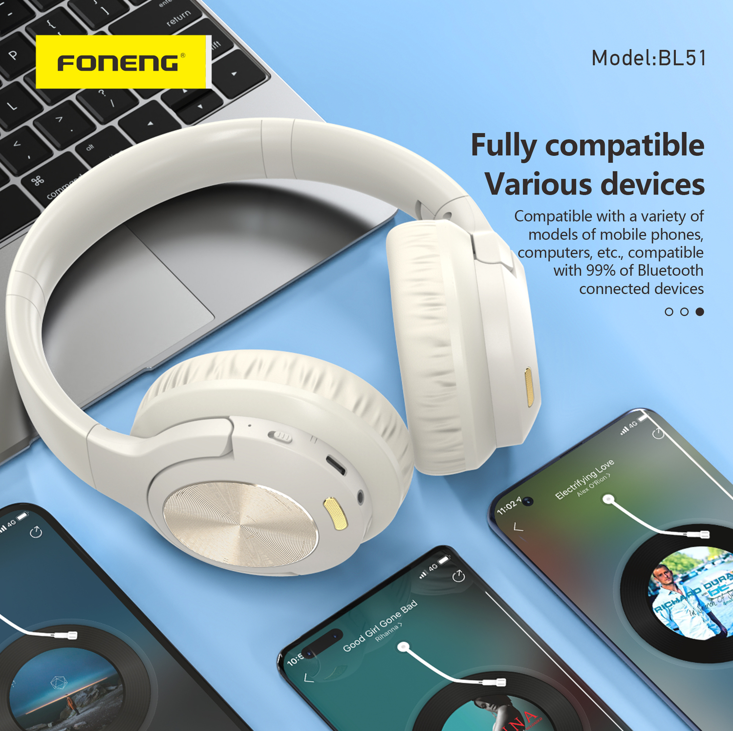 Foneng Bluetooth fejhallgató BL51 (ANC + ENC) bézs-5