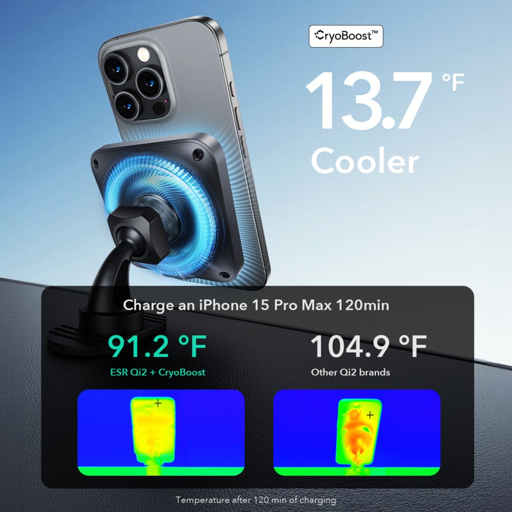Műszerfalra és szellőzőre szerelhető ESR Halolock Cryoboost MagSafe autós telefontartó vezeték nélküli töltő QI2 15w frosted onyx-3