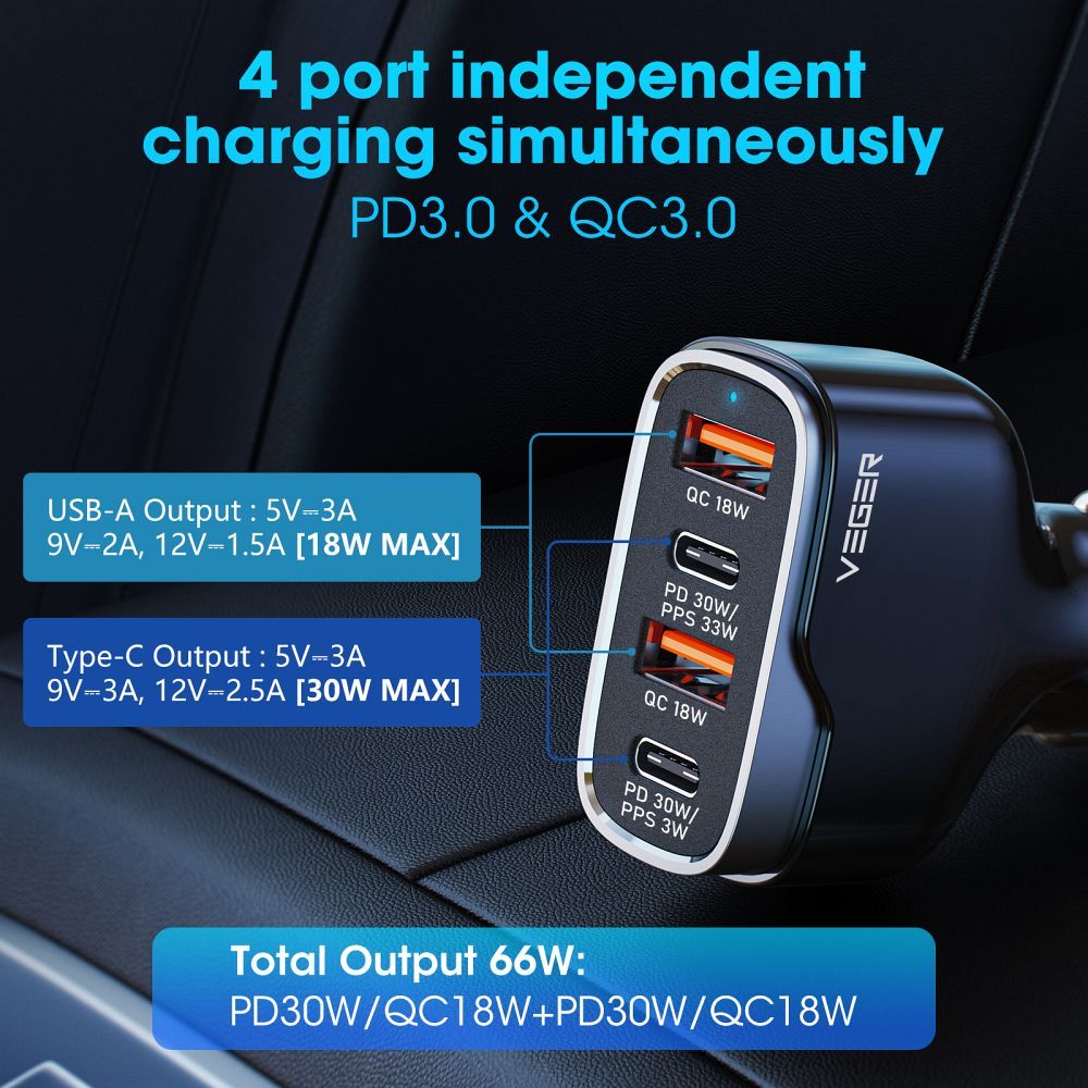VEGER autós töltő 2 x USB A + 2 x Type C PD QC 3A 66W CC53-2A2C fekete-1
