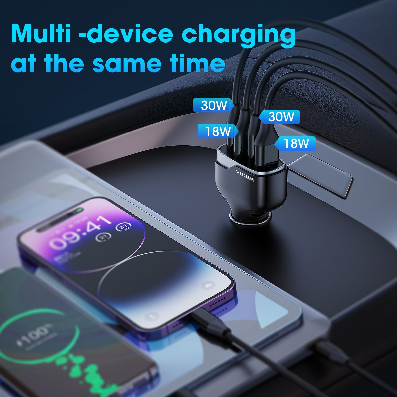 VEGER autós töltő 2 x USB A + 2 x Type C PD QC 3A 66W CC53-2A2C fekete-3