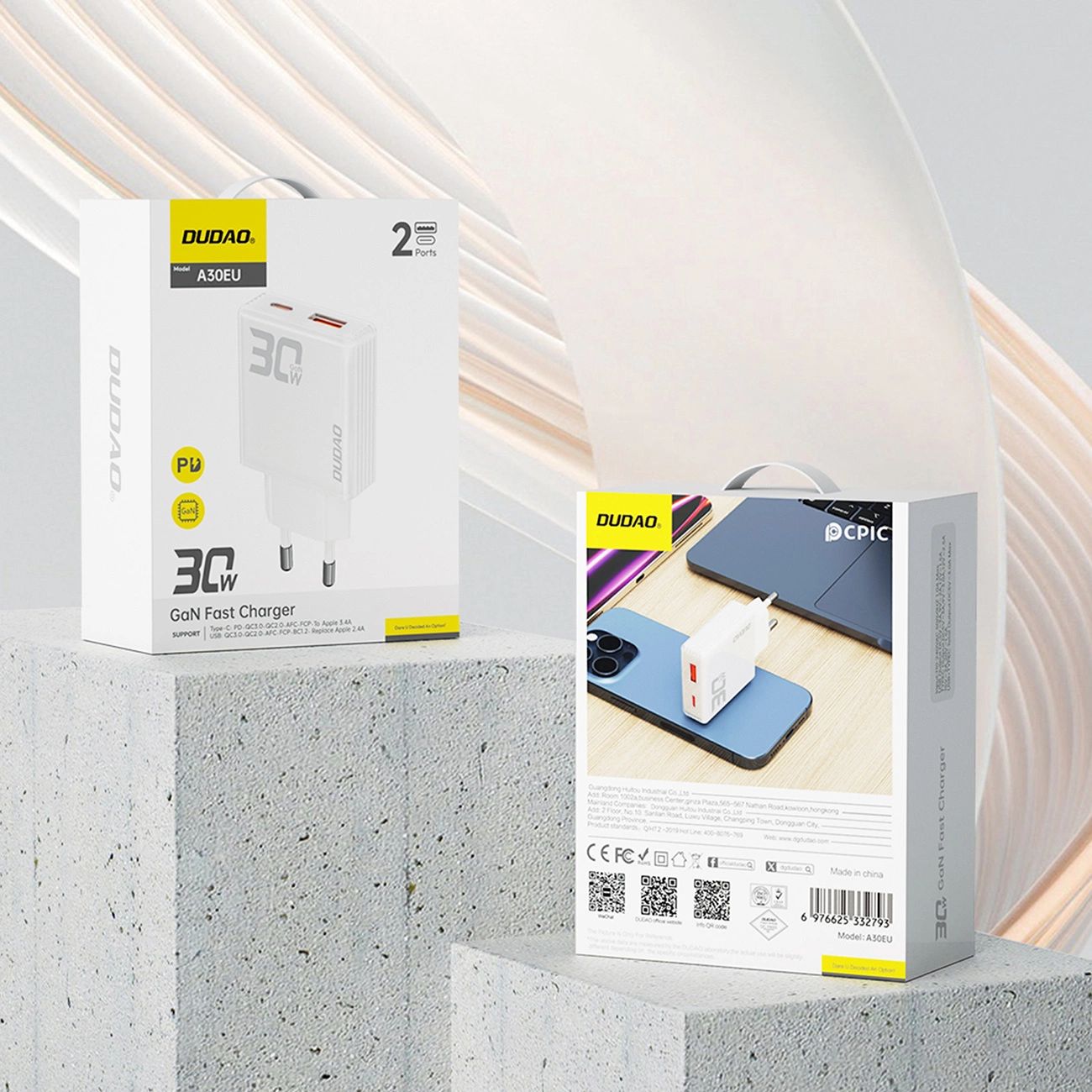 GaN Dudao A30EU 30W USB-A / USB-C Fali Töltő - Fehér-7