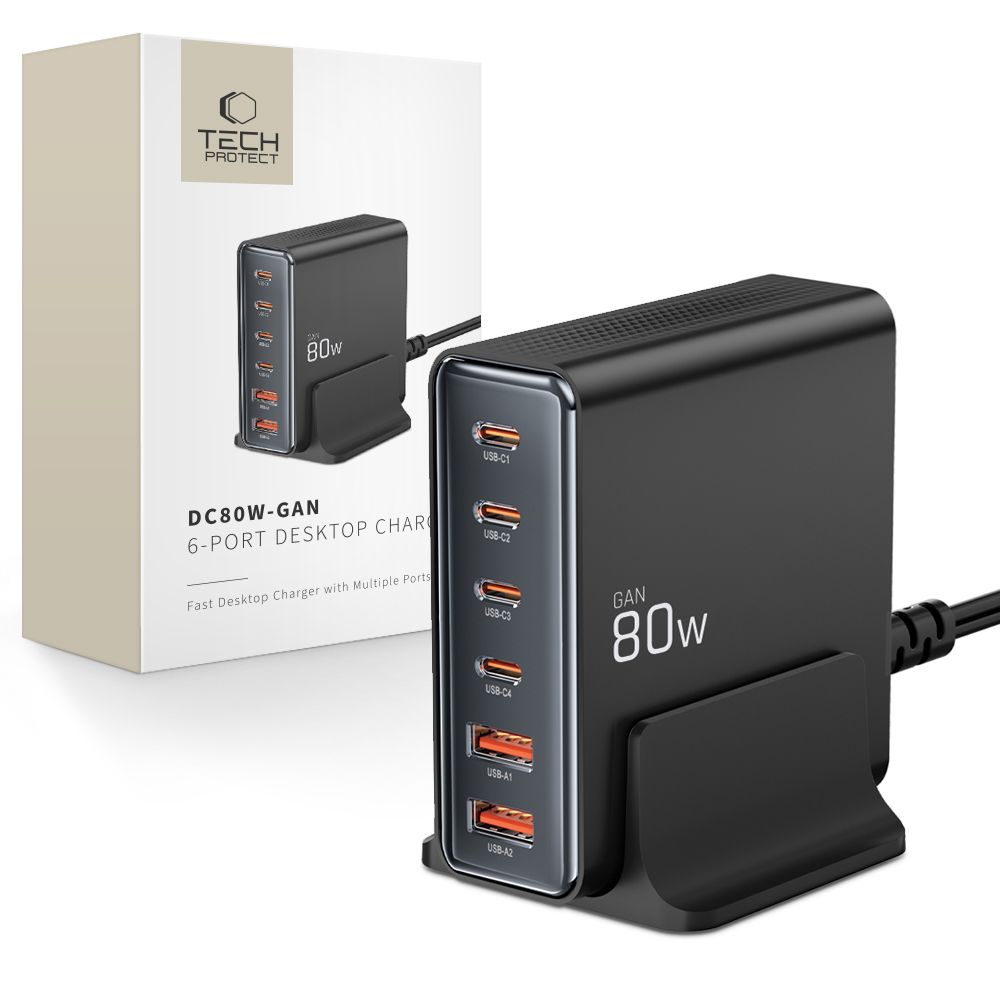 Tech-protect Dc80w-gan 6-portos Asztali Töltő Pd80w/qc3.0 Fekete-0
