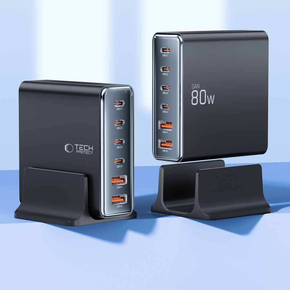Tech-protect Dc80w-gan 6-portos Asztali Töltő Pd80w/qc3.0 Fekete-2