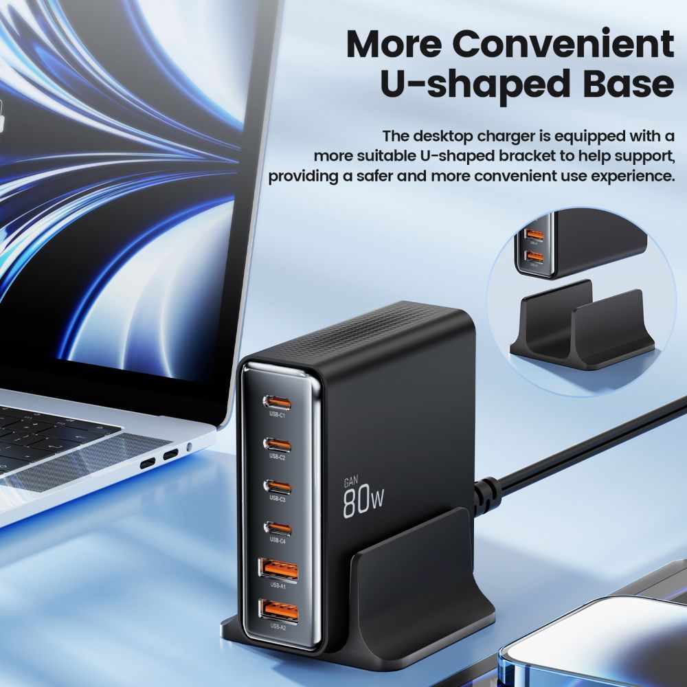 Tech-protect Dc80w-gan 6-portos Asztali Töltő Pd80w/qc3.0 Fekete-3