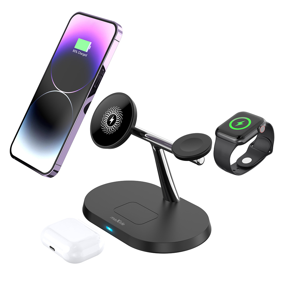 3 az 1-ben vezeték nélküli töltőállomás 15W fekete (magsafe, apple watch, airpods) Maxlife MXWC-03-10