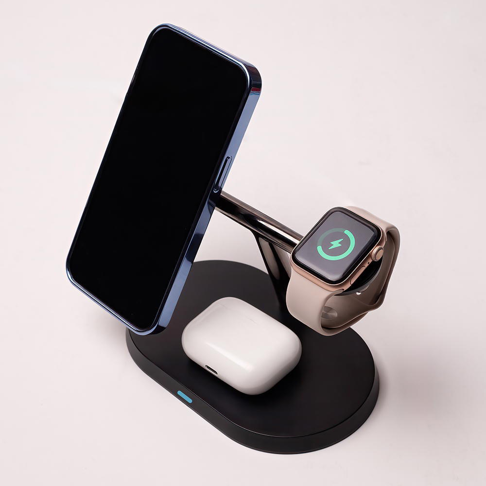 3 az 1-ben vezeték nélküli töltőállomás 15W fekete (magsafe, apple watch, airpods) Maxlife MXWC-03-1