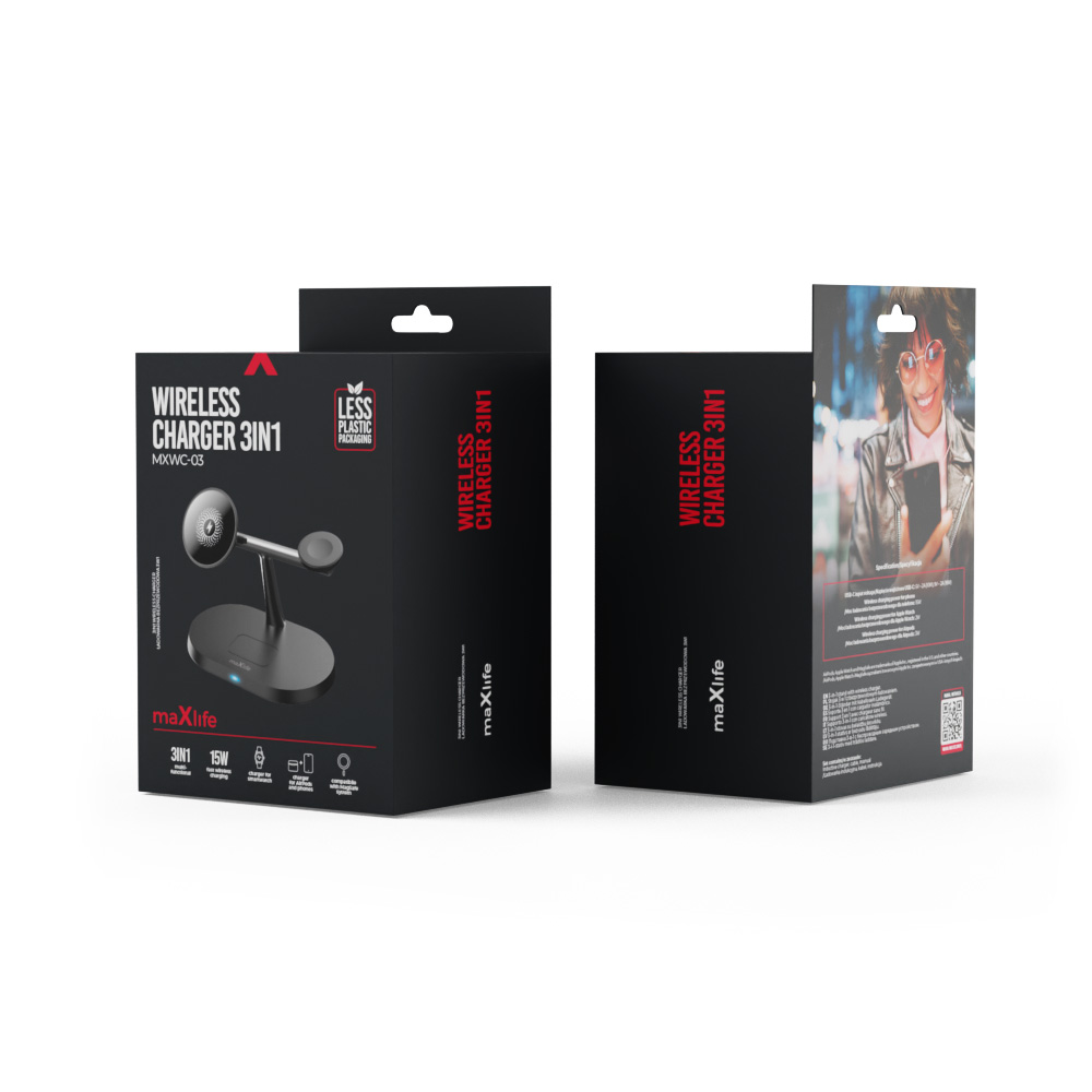 3 az 1-ben vezeték nélküli töltőállomás 15W fekete (magsafe, apple watch, airpods) Maxlife MXWC-03-14