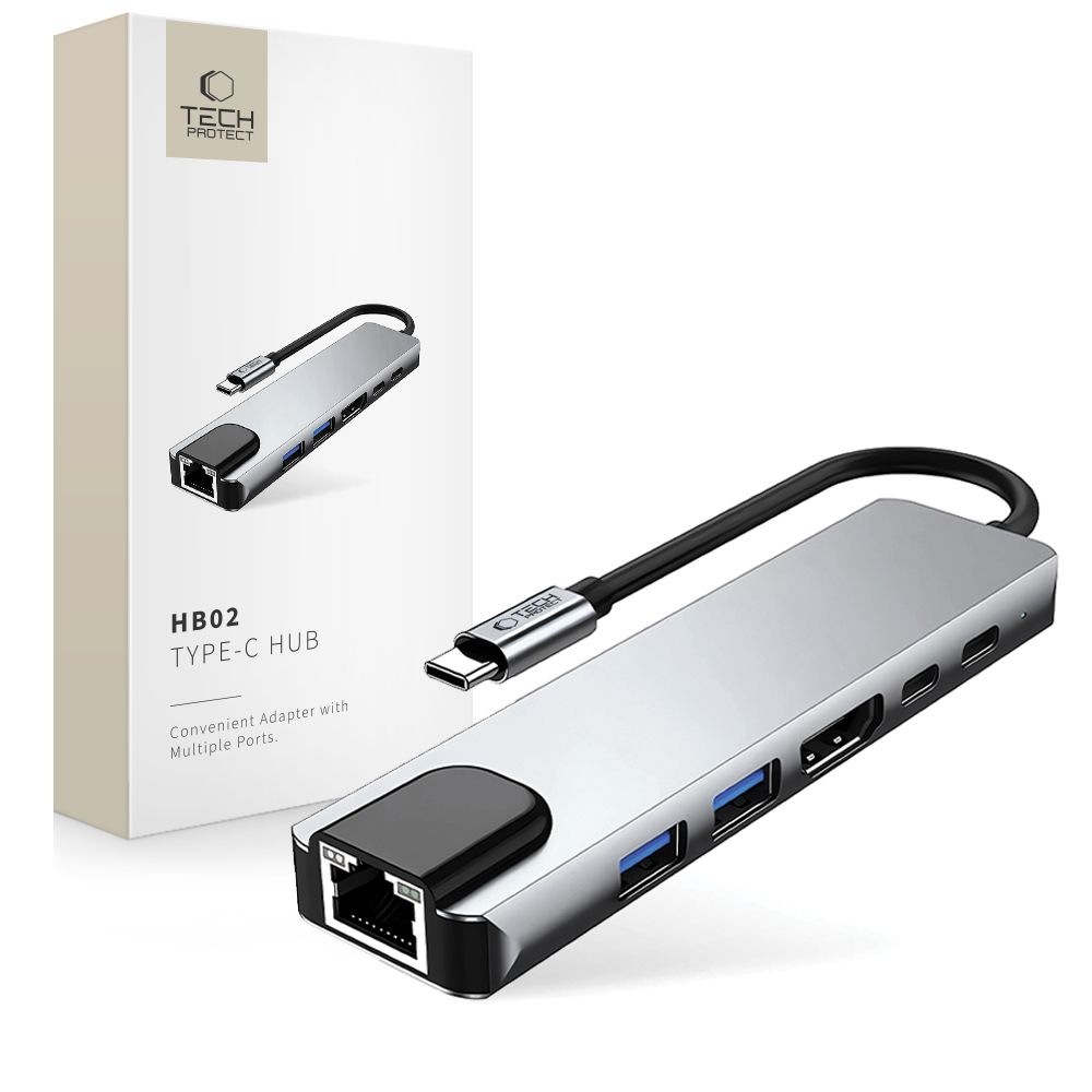 Tech-protect Hb02 Hub Adapter 6 az 1-ben Type-C + Usb2.0 + Usb3.0 + Hdmi 4k 30hz + Rj45 + Pd100w Űrszürke-0