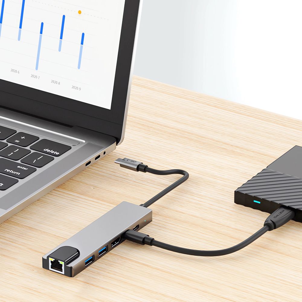 Tech-protect Hb02 Hub Adapter 6 az 1-ben Type-C + Usb2.0 + Usb3.0 + Hdmi 4k 30hz + Rj45 + Pd100w Űrszürke-7