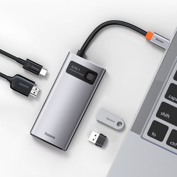 Baseus Metal Gleam 4in1 HUB USB Type-C - USB Type-C PD 100W / HDMI 4K 30Hz / 1x USB 3.2 Gen 1 / 1x USB 2.0 szürke (CAHUB-CY0G)-1