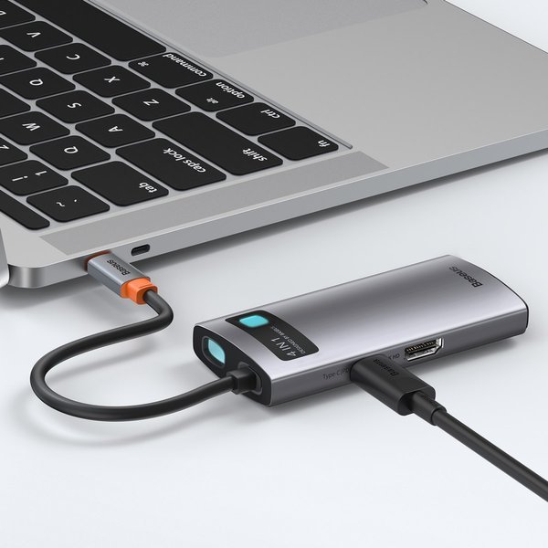 Baseus Metal Gleam 4in1 HUB USB Type-C - USB Type-C PD 100W / HDMI 4K 30Hz / 1x USB 3.2 Gen 1 / 1x USB 2.0 szürke (CAHUB-CY0G)-2