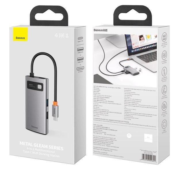 Baseus Metal Gleam 4in1 HUB USB Type-C - USB Type-C PD 100W / HDMI 4K 30Hz / 1x USB 3.2 Gen 1 / 1x USB 2.0 szürke (CAHUB-CY0G)-6