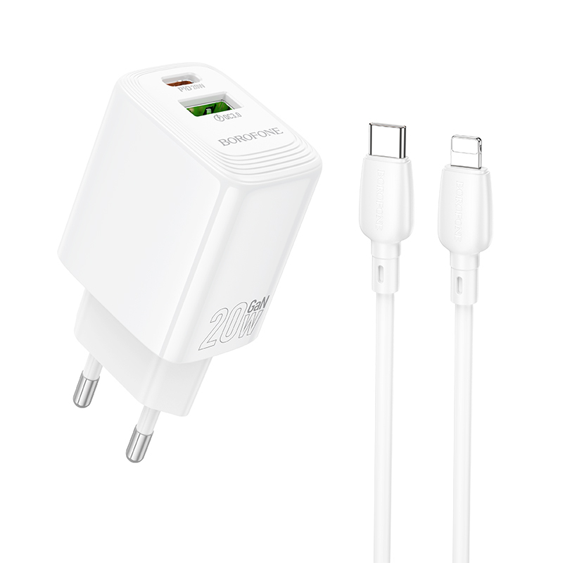 Borofone hálózati töltő BN27 Fuente - USB + Type-C - QC 3.0 PD 20W, Type-C Lightning kábellel fehér-0