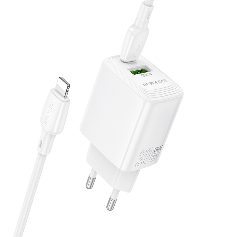 Borofone hálózati töltő BN27 Fuente - USB + Type-C - QC 3.0 PD 20W, Type-C Lightning kábellel fehér-1