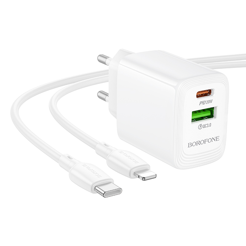 Borofone hálózati töltő BN27 Fuente - USB + Type-C - QC 3.0 PD 20W, Type-C Lightning kábellel fehér-3