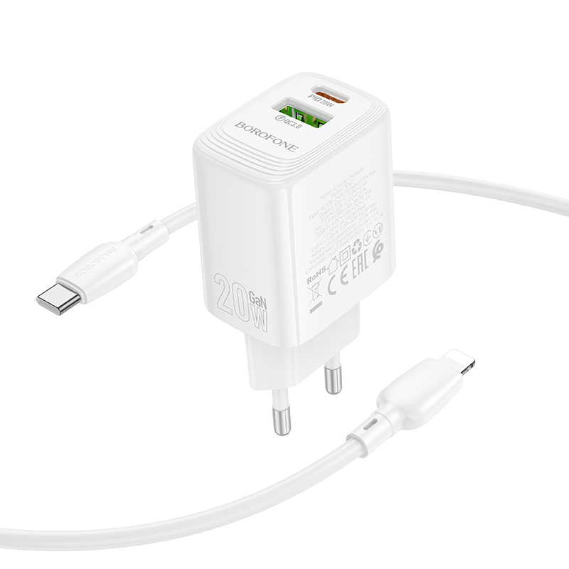 Borofone hálózati töltő BN27 Fuente - USB + Type-C - QC 3.0 PD 20W, Type-C Lightning kábellel fehér-4