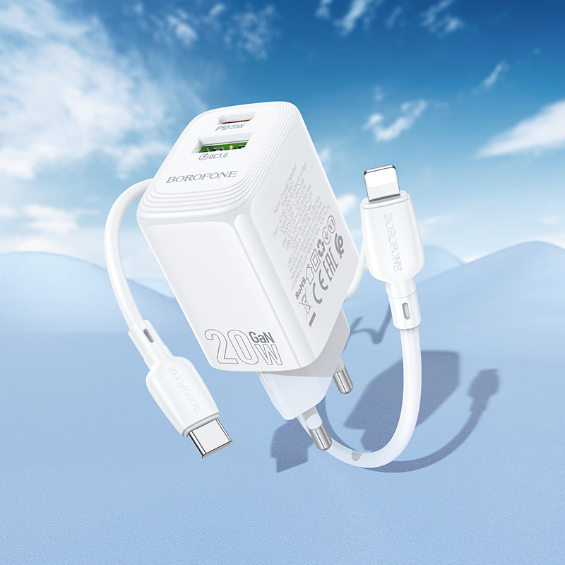 Borofone hálózati töltő BN27 Fuente - USB + Type-C - QC 3.0 PD 20W, Type-C Lightning kábellel fehér-7
