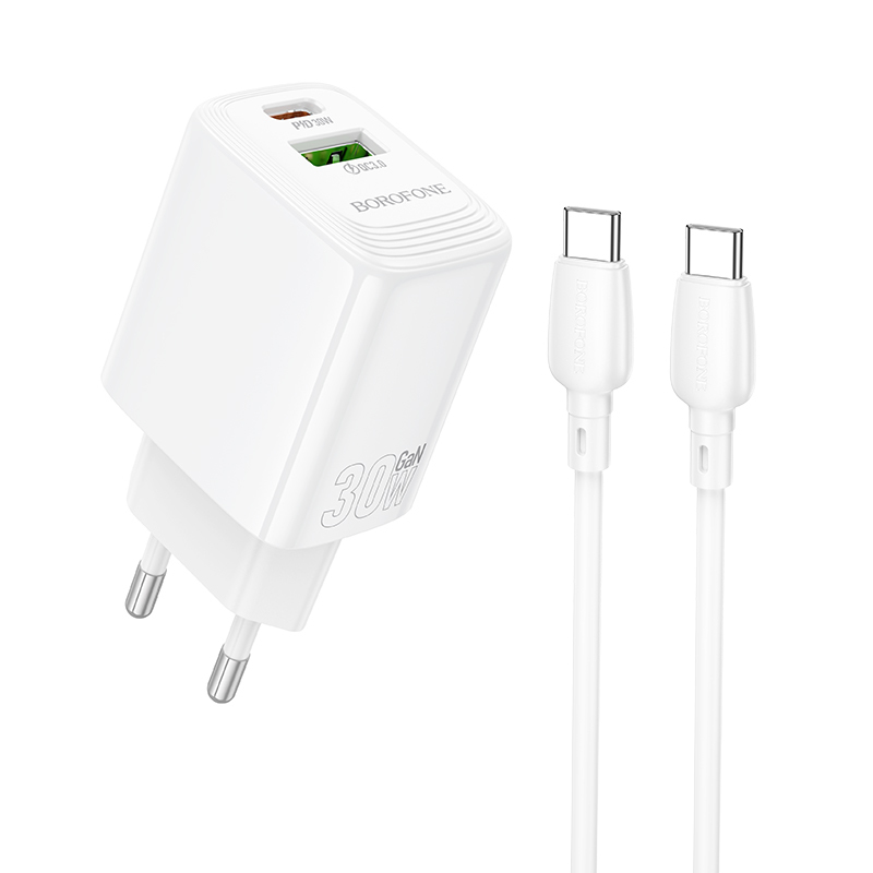 Borofone fali töltő BN29 Fuente - USB + Type C - QC 3.0 PD 30W Type C - Type C kábellel fehér GaN-0