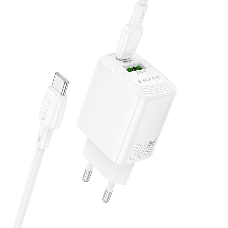 Borofone fali töltő BN29 Fuente - USB + Type C - QC 3.0 PD 30W Type C - Type C kábellel fehér GaN-1