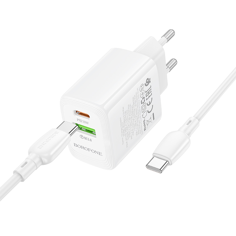 Borofone Fali töltő BN27 Fuente - USB + Type C - QC 3.0 PD 20W Type C to Type C kábellel fehér-2