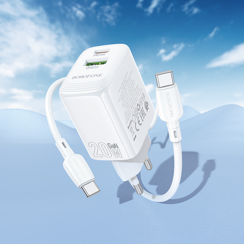 Borofone Fali töltő BN27 Fuente - USB + Type C - QC 3.0 PD 20W Type C to Type C kábellel fehér-7