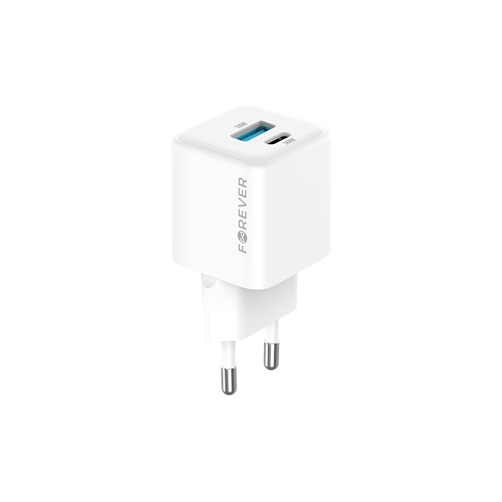 Forever hálózati töltő TC-08-30AC GaN PD QC 1x USB-C 1x USB-A 30W fehér-1