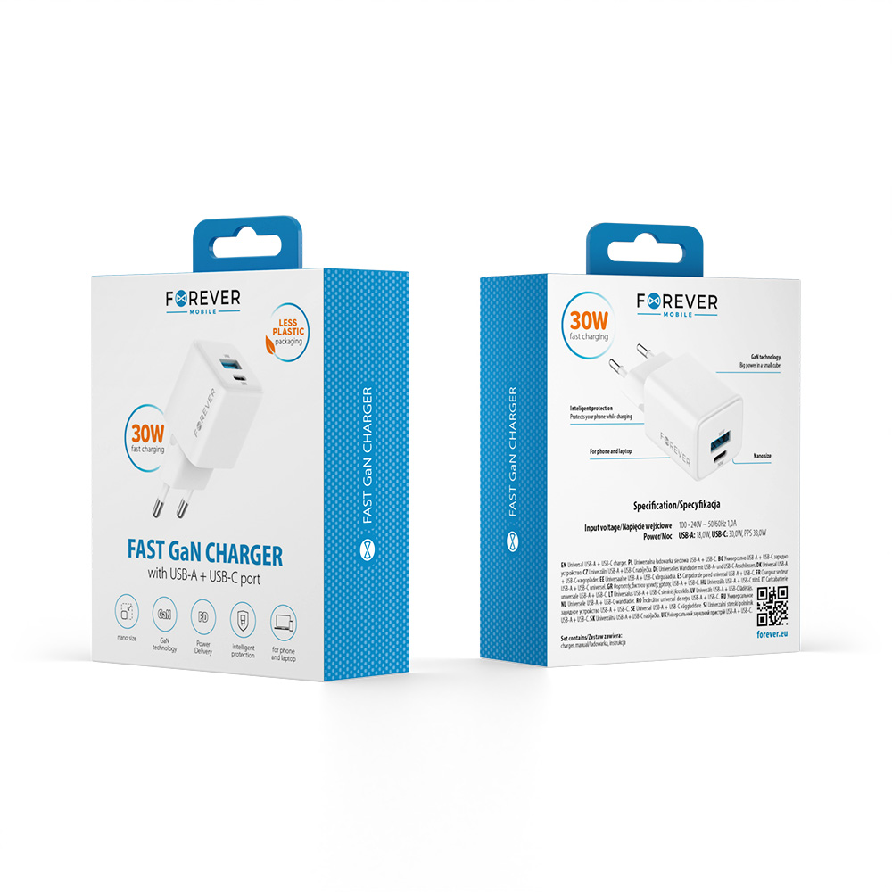 Forever hálózati töltő TC-08-30AC GaN PD QC 1x USB-C 1x USB-A 30W fehér-2