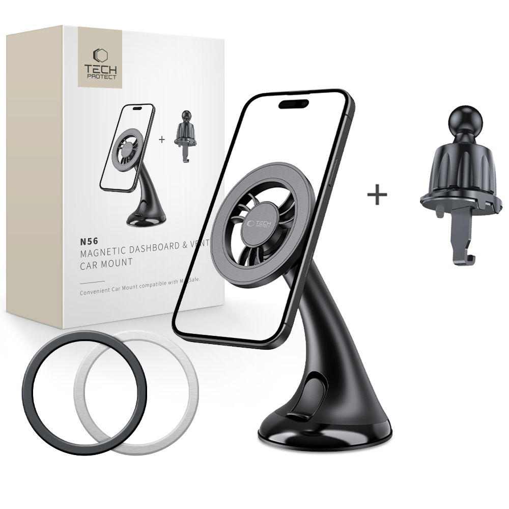 Tech-protect N56 Mágneses Magsafe Műszerfalra és Szellőzőre Erősíthető Autós Telefontartó Fekete-0