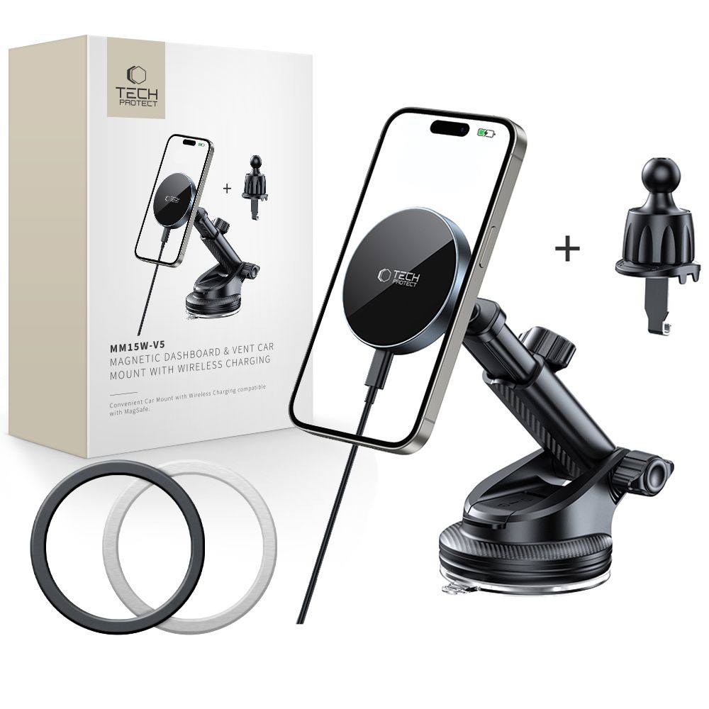 Tech-protect Mm15w-v5 magic-mágneses Magsafe műszerfal és szellőző autós tartó vezeték nélküli töltő 15W fekete/fekete-0
