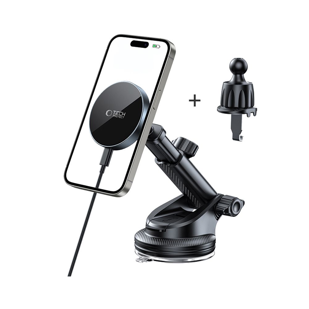 Tech-protect Mm15w-v5 magic-mágneses Magsafe műszerfal és szellőző autós tartó vezeték nélküli töltő 15W fekete/fekete-1