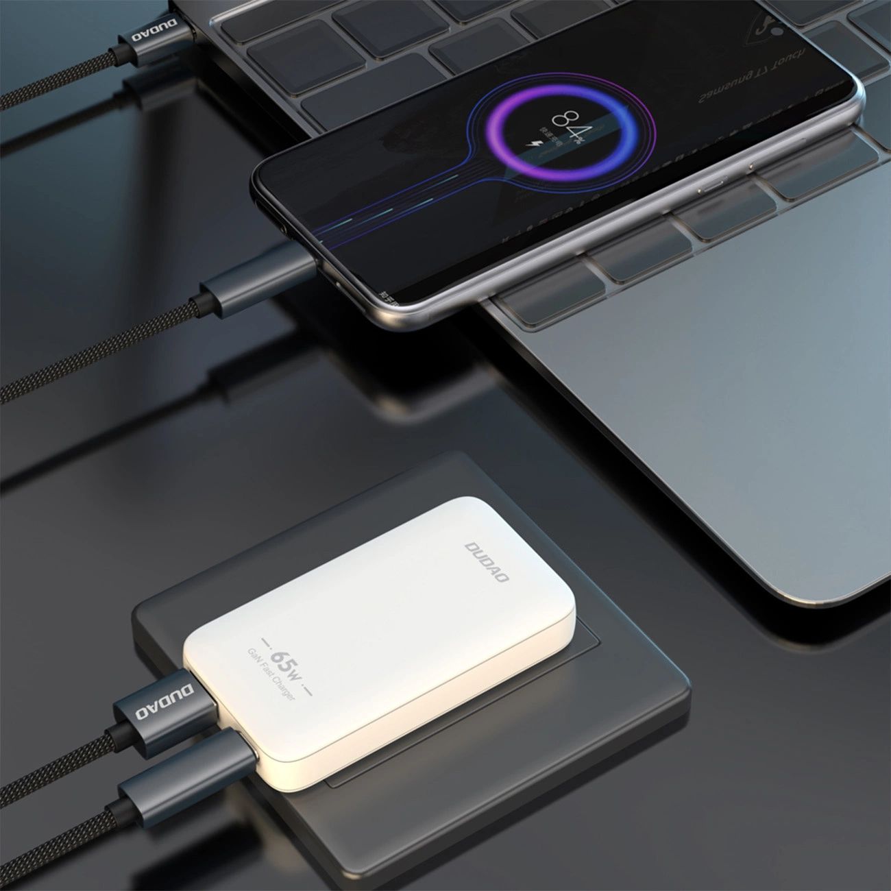 GaN Dudao A65Q 65W USB-A / USB-C PD Ultra-Vékony utazó Fali Töltő - Fehér (EU,US)-5