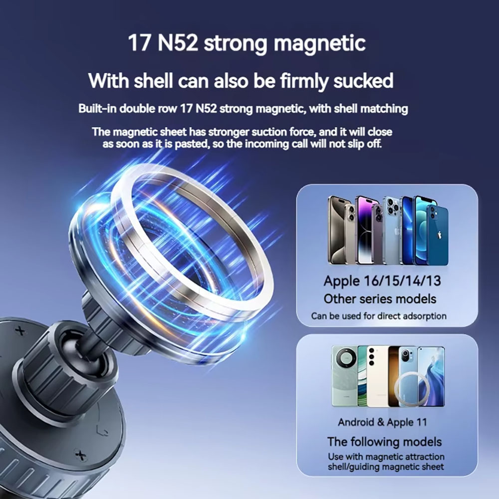  Techsuit - Autós tartó vezeték nélküli töltéssel (HOLD253) - MagSafe N52 mágnesek 15W, erős tapadókorong, műszerfalra - Fekete-6