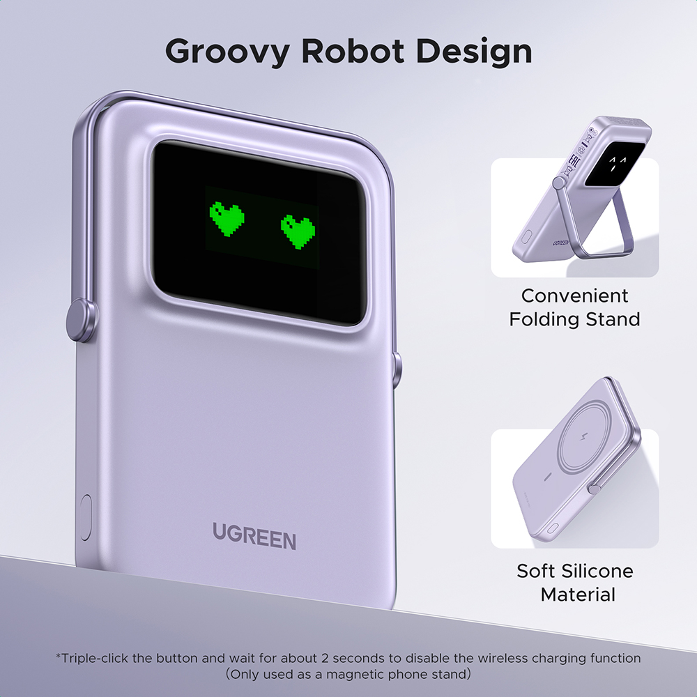 Ugreen - PB571 (35606) Power Bank - digitális kijelzővel, gyors töltés, mágneses, vezeték nélküli, 5000mAh, USB-C, 18W, 3A - Lila-3