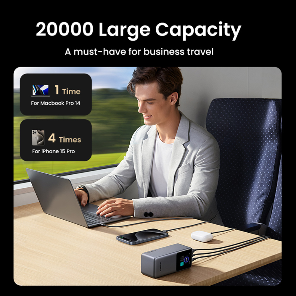 Ugreen - Power Bank PB721 (35524B) - digitális kijelzővel, gyorstöltés, 20000mAh, USB, 2x Type-C, 130W, QC, PD, 5V/3A - Szürke-5