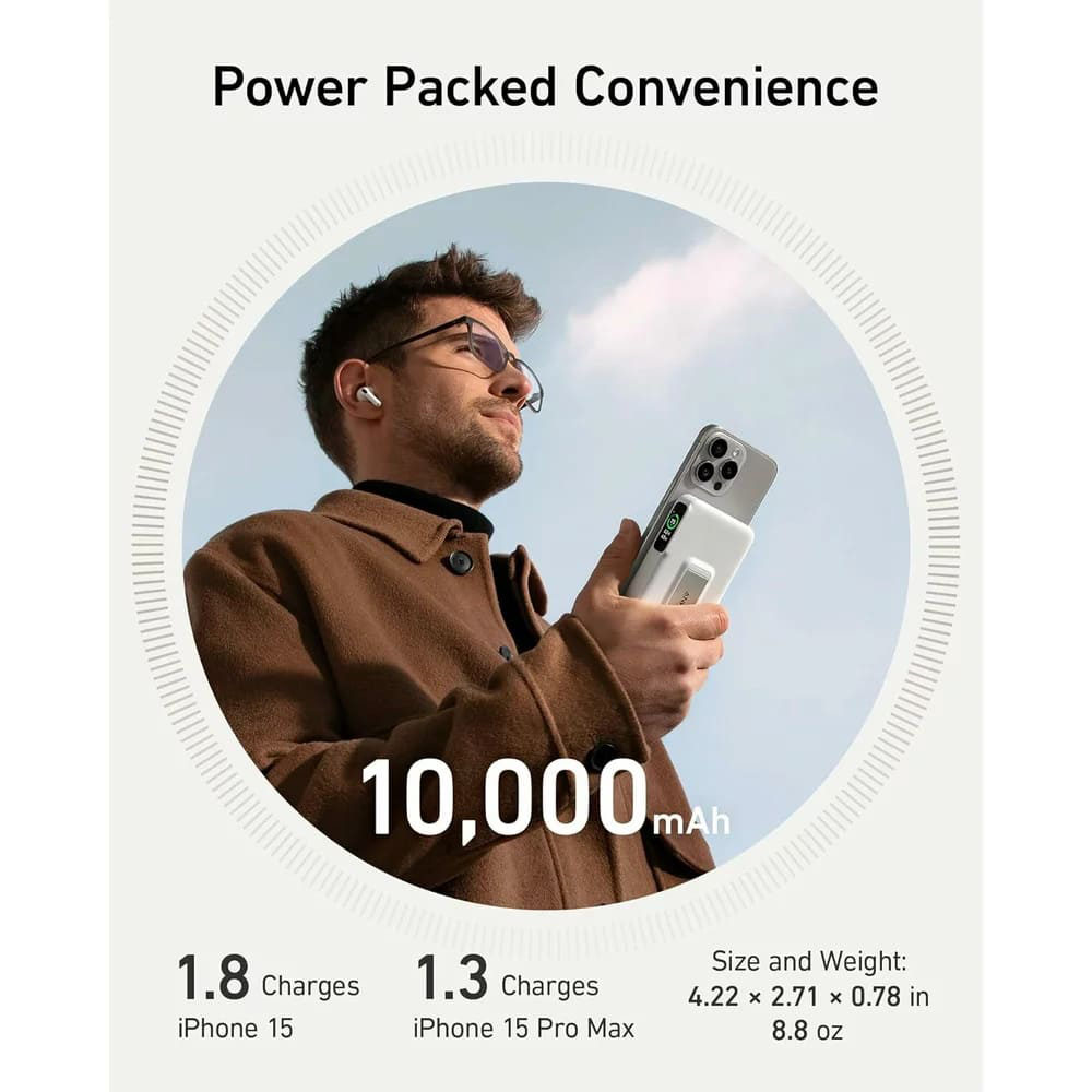 Anker - Power Bank MagGo (A1654G21) - iPhone-hoz, Digitális Kijelző, Vezeték nélküli Töltés, Kitámasztó, 10000mAh, 15W - Fehér-3
