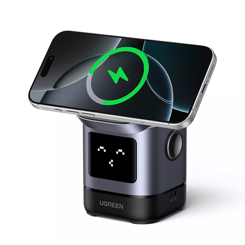 Ugreen - Vezeték nélküli töltő 2 az 1-ben W709 (45775) - Intelligens kijelző, MagSafe, iPhone-hoz, AirPods-hoz, USB-C, Vicces emoji, 25W - Fekete-0