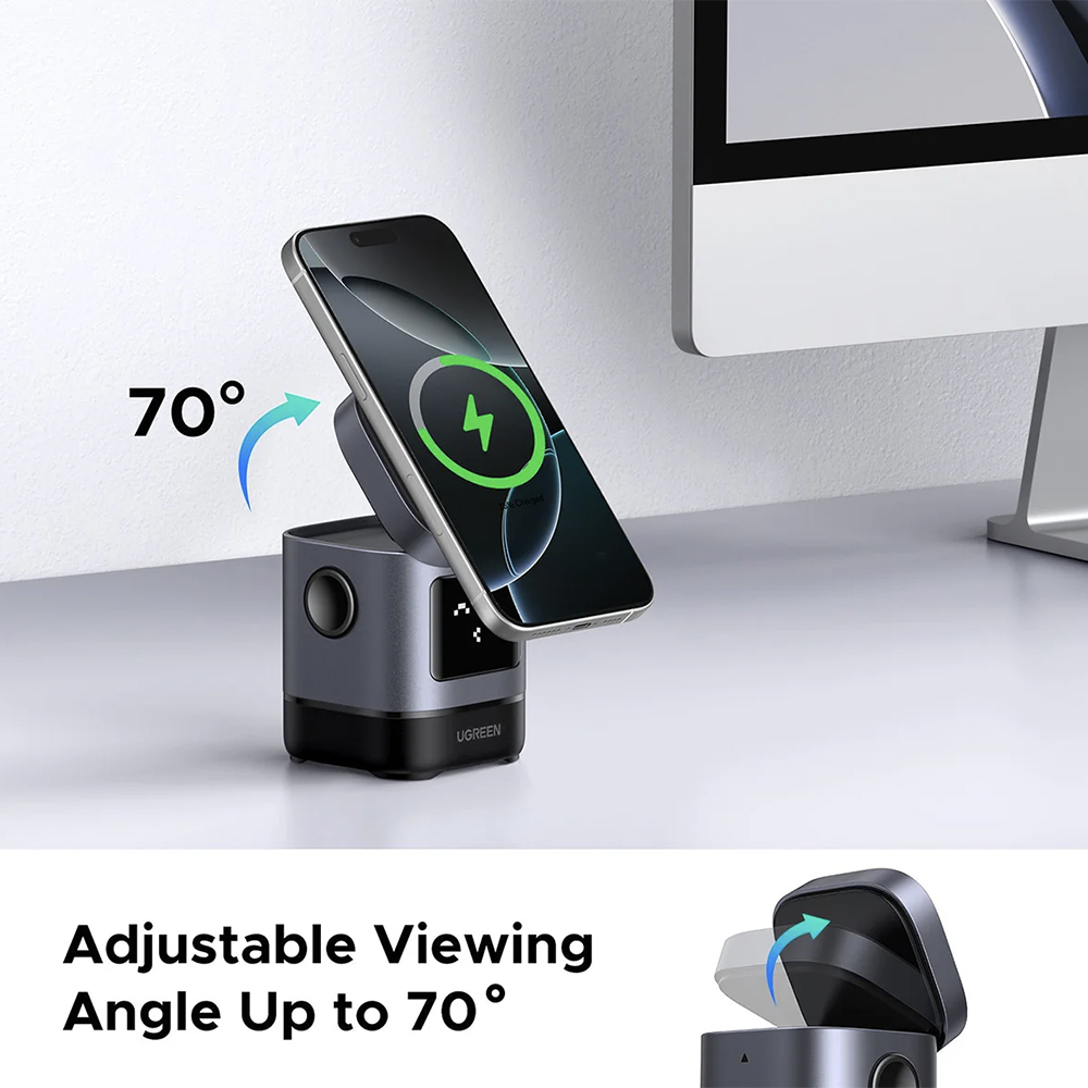 Ugreen - Vezeték nélküli töltő 2 az 1-ben W709 (45775) - Intelligens kijelző, MagSafe, iPhone-hoz, AirPods-hoz, USB-C, Vicces emoji, 25W - Fekete-4