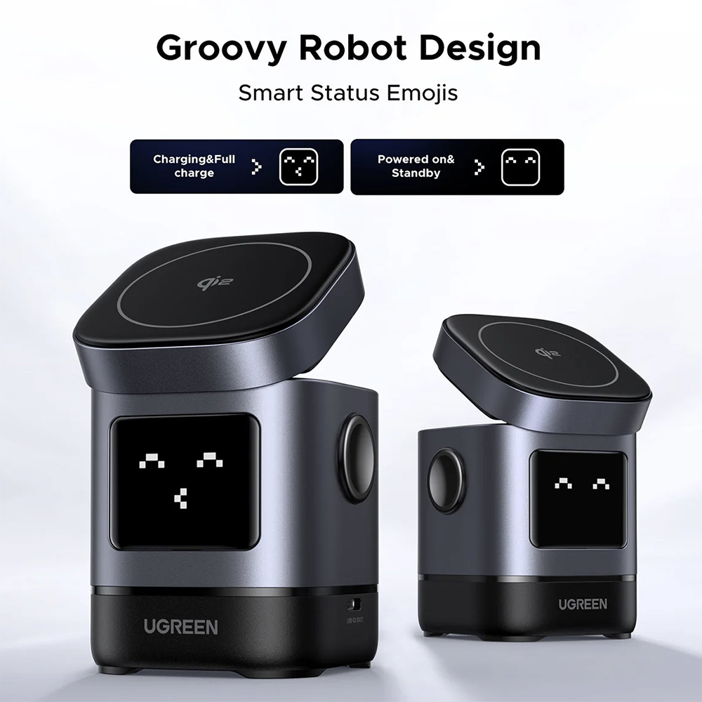Ugreen - Vezeték nélküli töltő 2 az 1-ben W709 (45775) - Intelligens kijelző, MagSafe, iPhone-hoz, AirPods-hoz, USB-C, Vicces emoji, 25W - Fekete-2