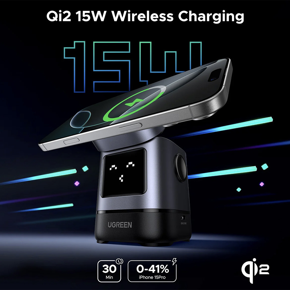 Ugreen - Vezeték nélküli töltő 2 az 1-ben W709 (45775) - Intelligens kijelző, MagSafe, iPhone-hoz, AirPods-hoz, USB-C, Vicces emoji, 25W - Fekete-1