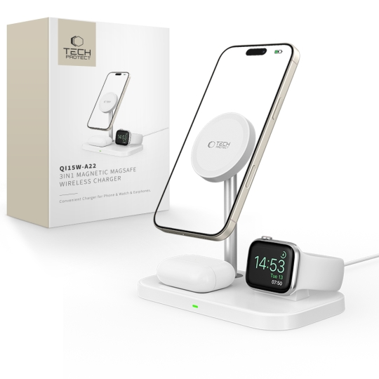 Tech-Protect QI15W-A22 induktív MagSafe töltő 3in1 MagSafe állvánnyal okostelefonhoz / Apple Watch-hoz / AirPods-hoz - fehér-0