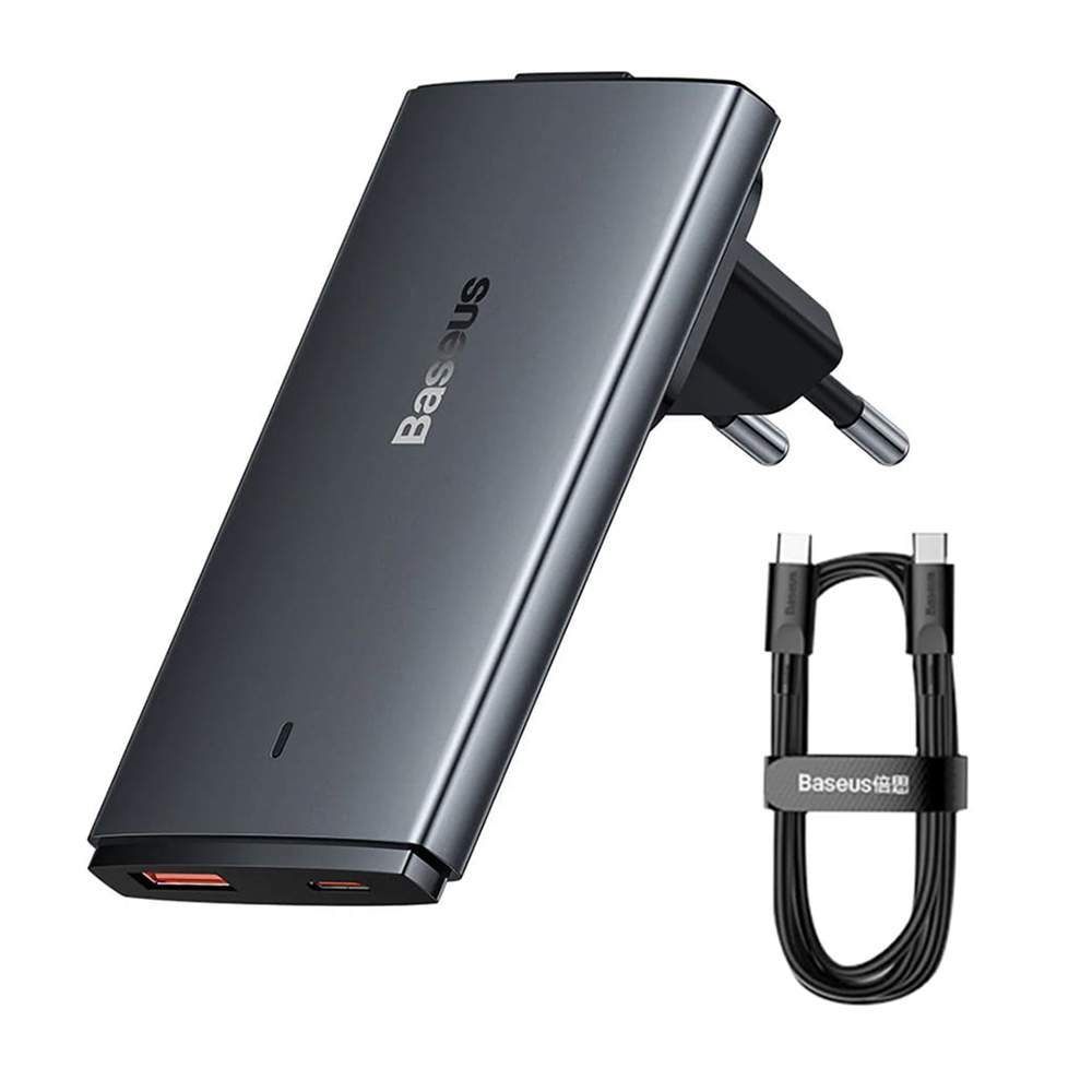 Baseus - Fali Töltő (CCGP150113) - GaN5 Pro Lapos Kialakítás, USB, Type-C, UE és UK Csatlakozóval, Type-C Kábel - Szürke-0