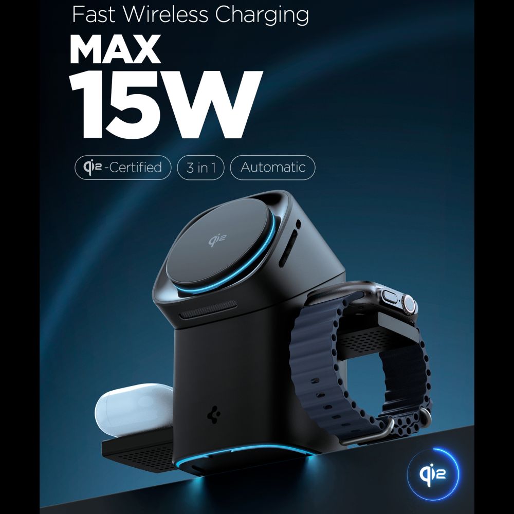 Spigen Essential EF223MS 3in1 Qi2 Rotary Magnetic Magsafe vezeték nélküli töltőállomás fekete-3