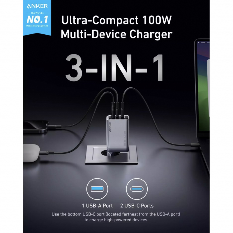 Anker Prime, 100W, 3A, 1 x USB-A - 2 x USB-C, Szürke A2688341-3