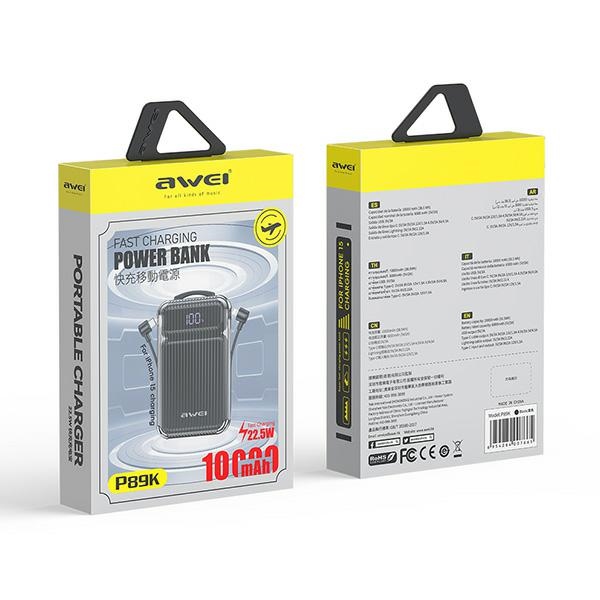 AWEI PowerBank P89K 10000mAh 38.5W fekete/fekete + PD/Lightning kábelek-1
