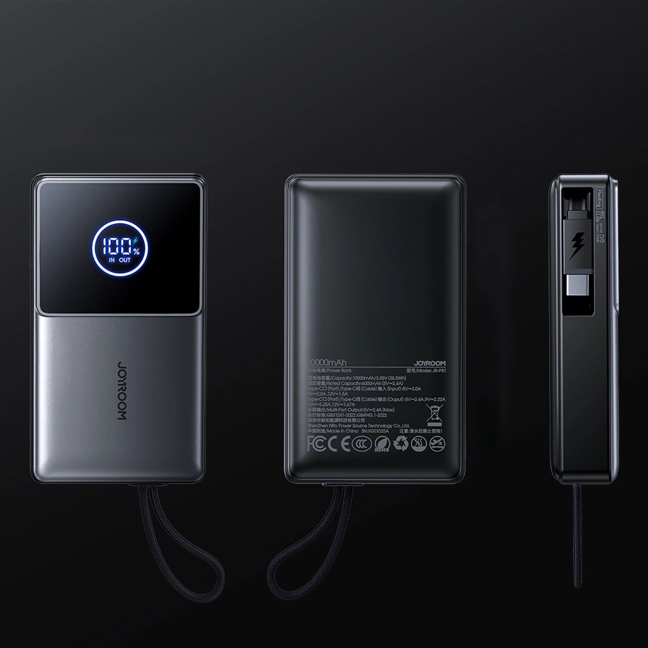 Joyroom JR-PR1 10000mAh 22.5W Powerbank with Built-in Retractable USB-C Cable - Black-1