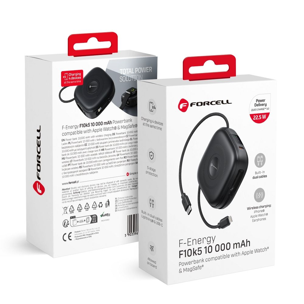 FORCELL F-ENERGY F10K5 powerbank kompatibilis MagSafe PD3.1 QC3.0 3A 22,5W 10000 mAh fekete-0