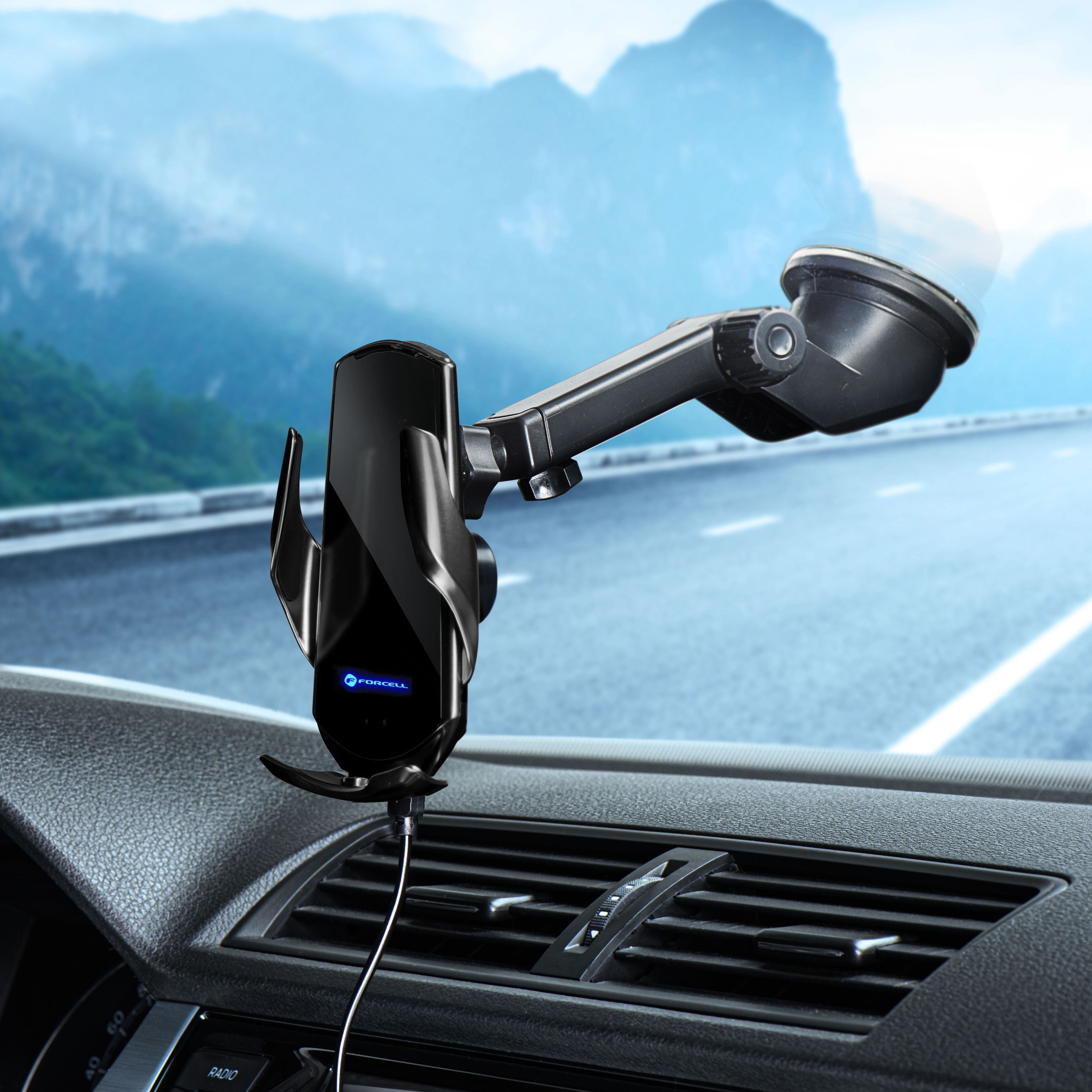 FORCELL autós tartó vezeték nélküli töltéssel automata érzékelővel + mágneses adapterekkel HS1 15W fekete-2