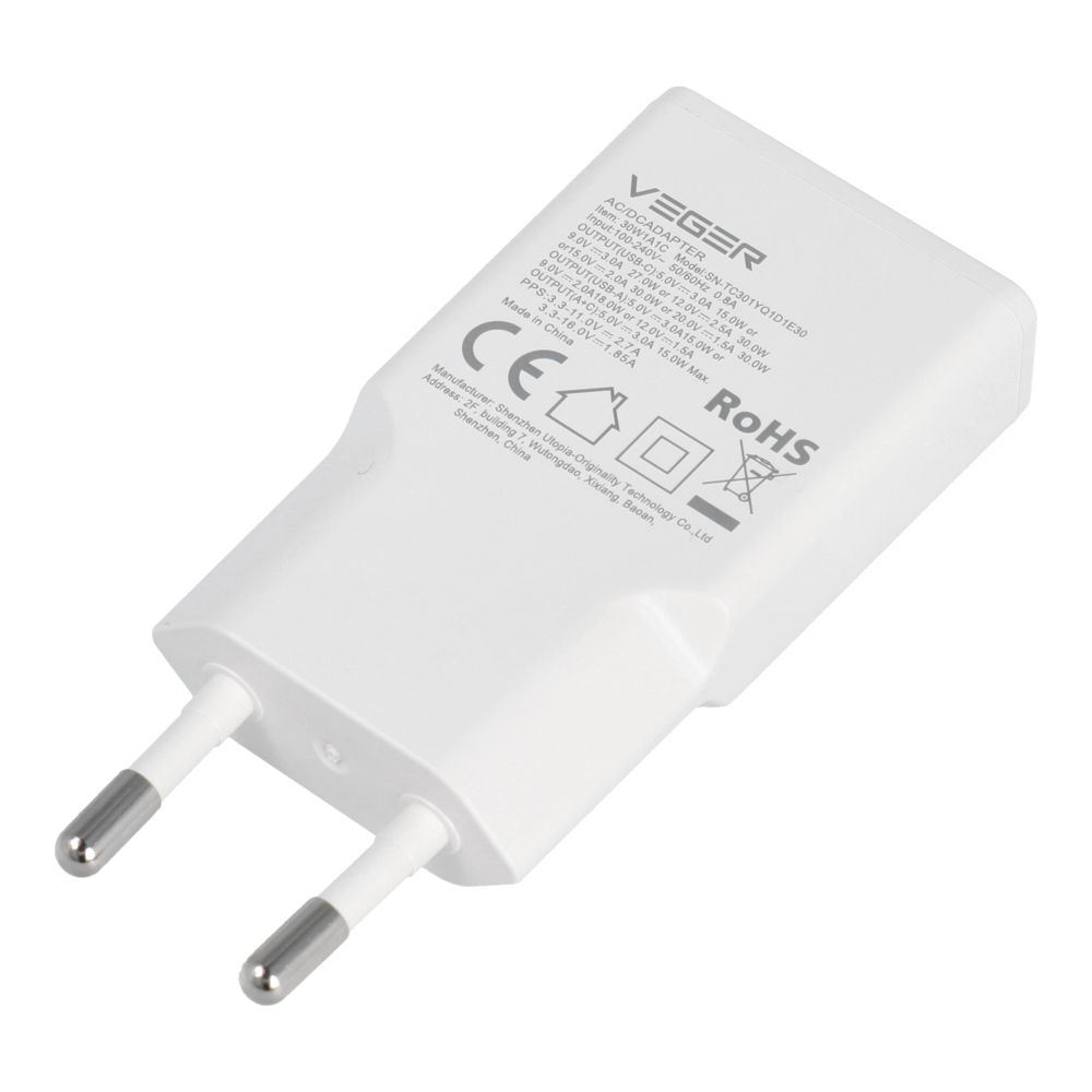 VEGER fali töltő USB A + USB C QC PD 30W 30W1A1C fehér-2