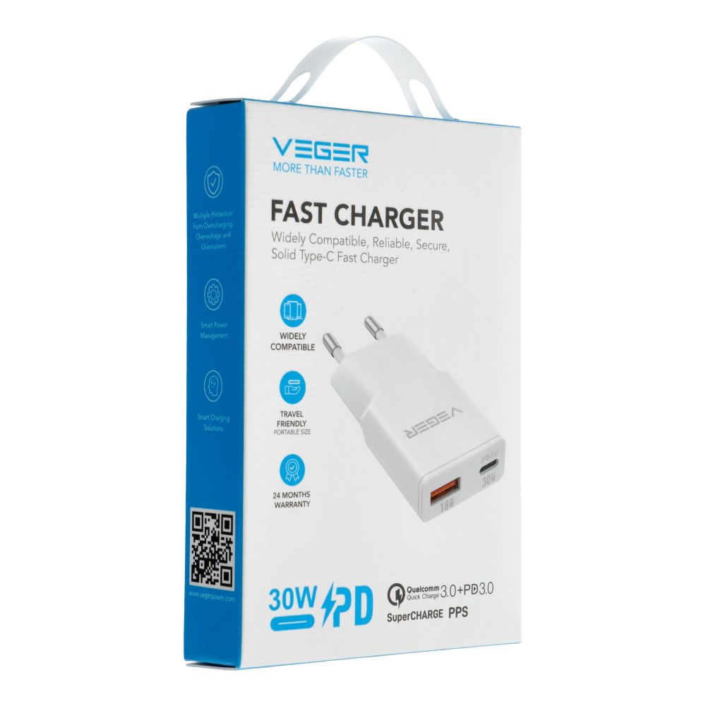 VEGER fali töltő USB A + USB C QC PD 30W 30W1A1C fehér-4